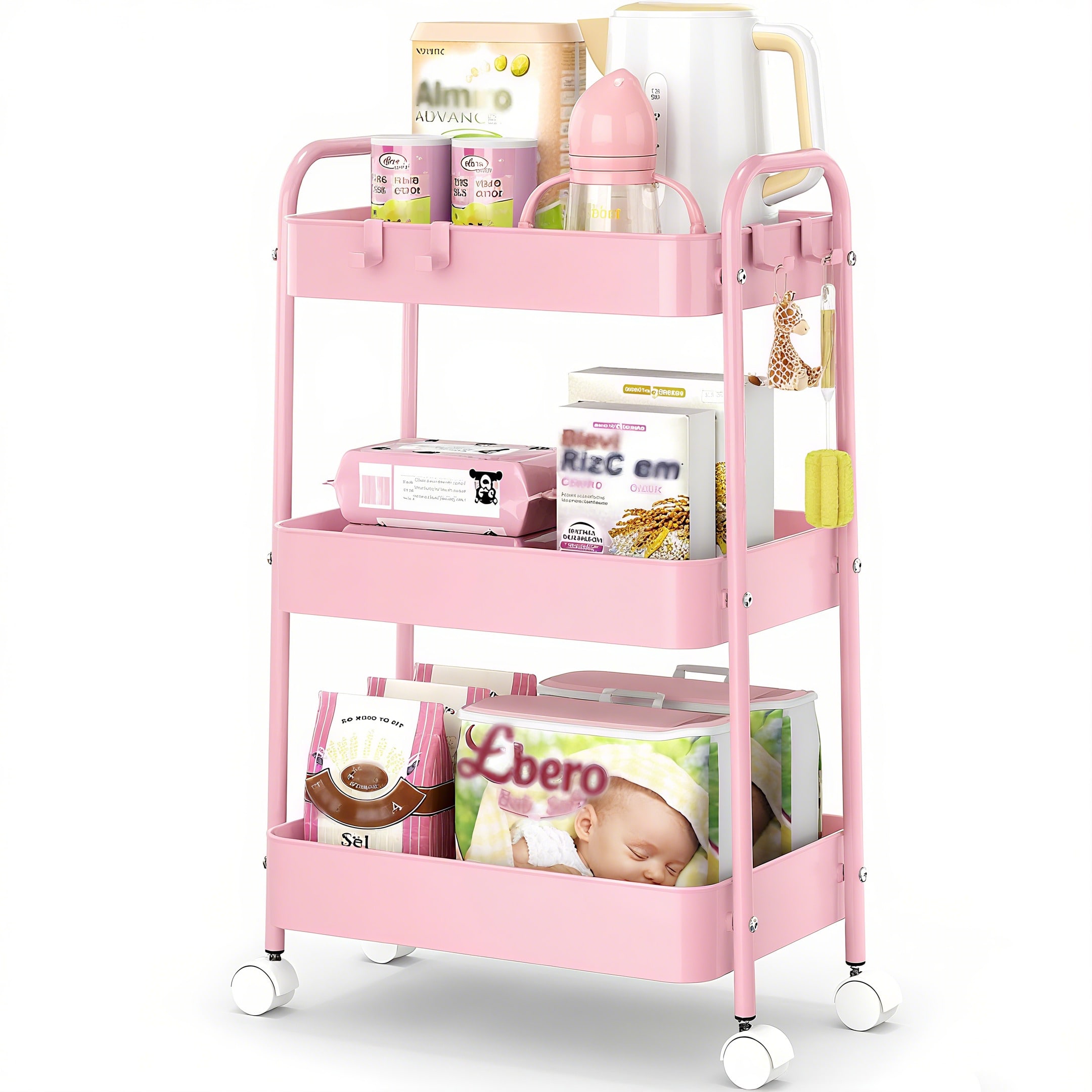 Baby Nursery Office - 3-poziomowy metalowy wózek na kółkach, nowoczesny