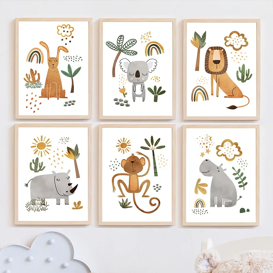 Baby Nursery Jungle Animals - Obrazki do pokoju dziecięcego: lew, słoń,